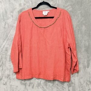 Hot Cotton Marc Ware Coral Pink 100% Linen Beaded Scoop Neck Blouse Top XL USA